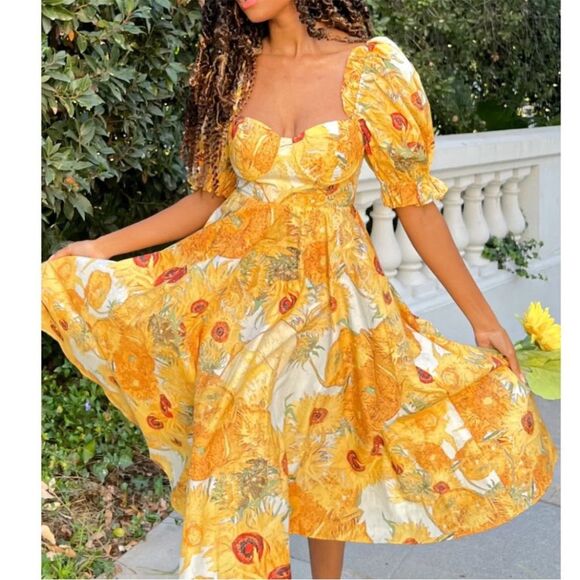 Selkie Tea Rose Dress Women’s Small Yellow Sunflower Cotton Puff Sleeve Midi - Picture 2 of 15